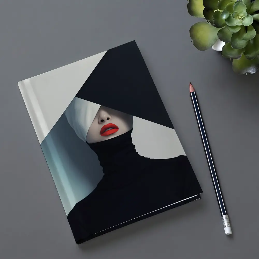 Woman Red Lips Black Turtleneck Geometric Background – Notebooks