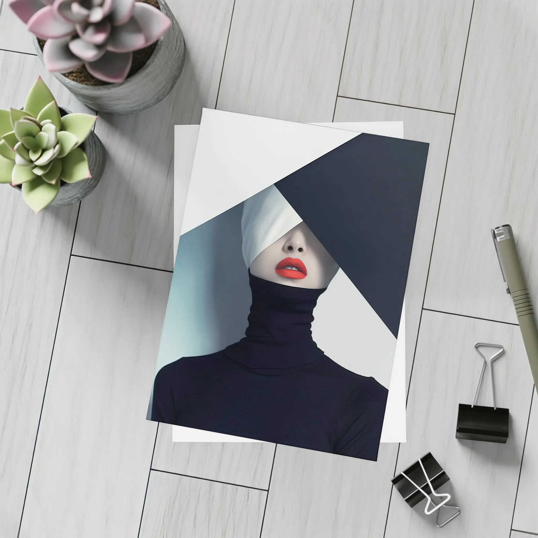 Woman Red Lips Black Turtleneck Geometric Background – Postcards