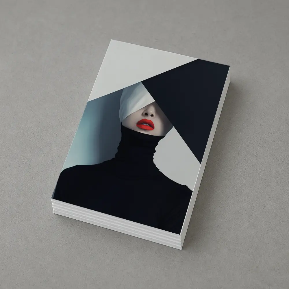 Woman Red Lips Black Turtleneck Geometric Background – Postcards