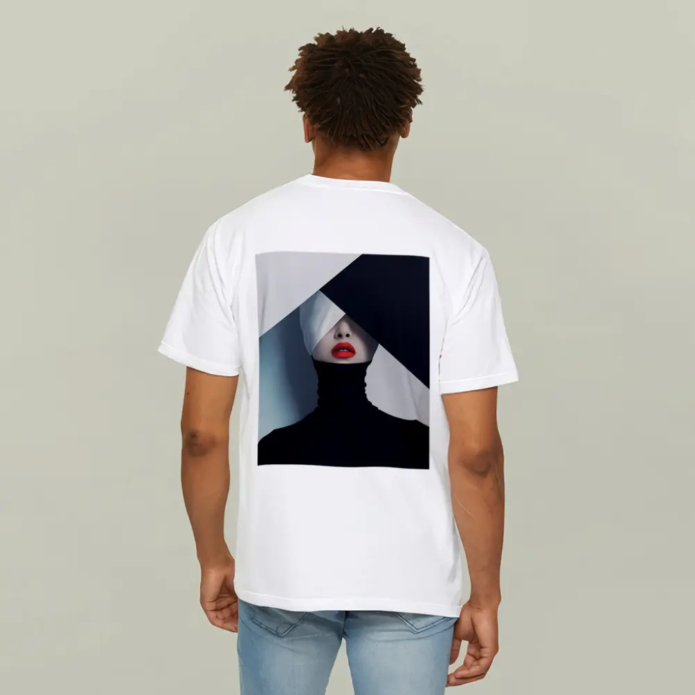 Woman Red Lips Black Turtleneck Geometric Background – T-Shirts