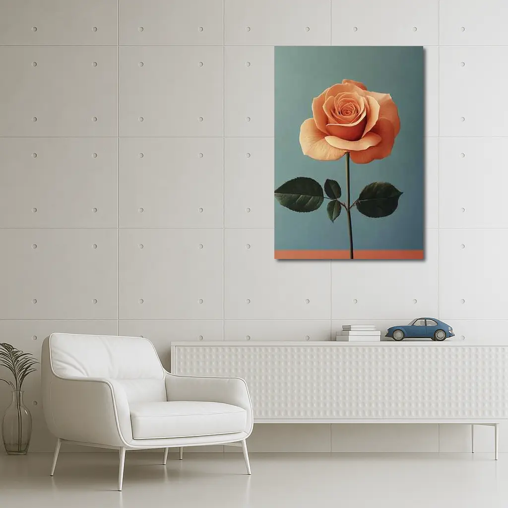 Peach Rose Single Stem Blue Background – Wall Art