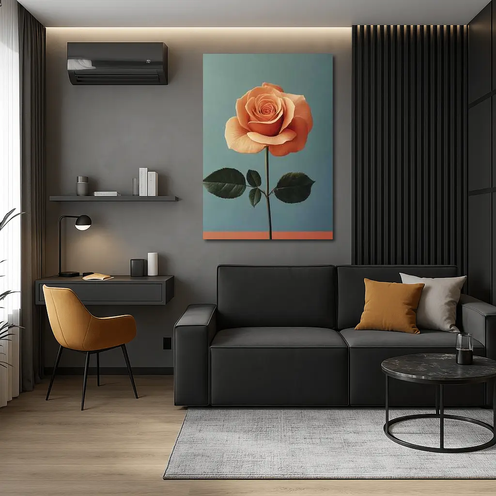 Peach Rose Single Stem Blue Background – Wall Art
