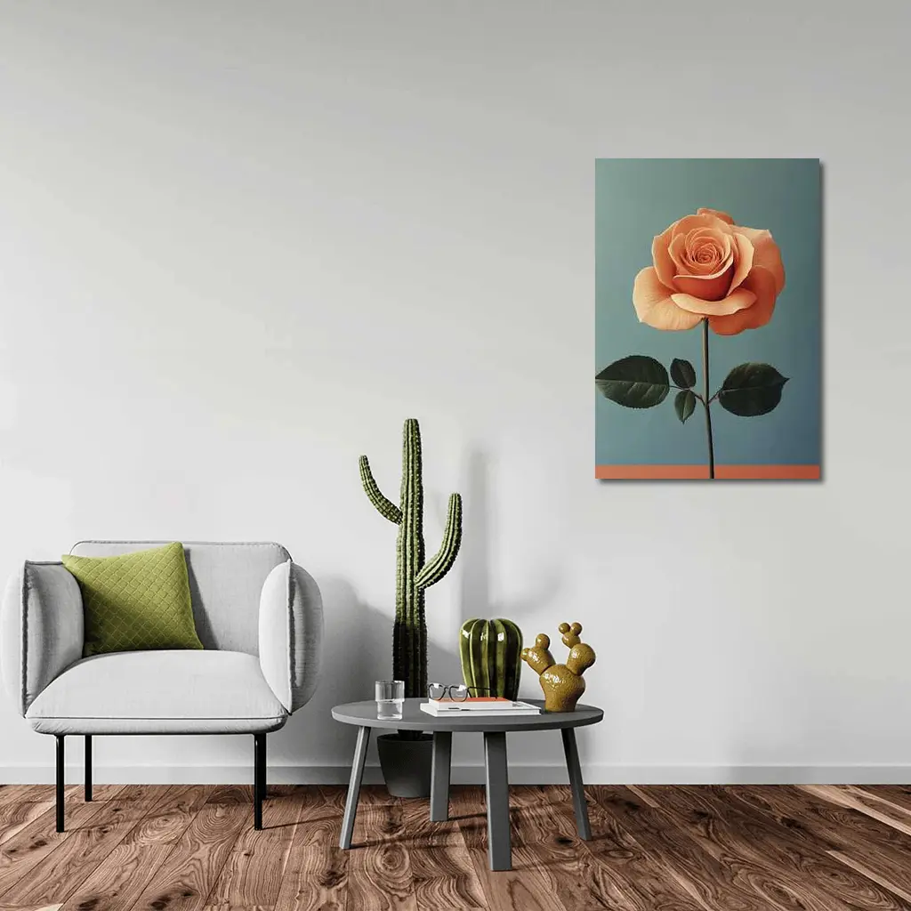 Peach Rose Single Stem Blue Background – Wall Art