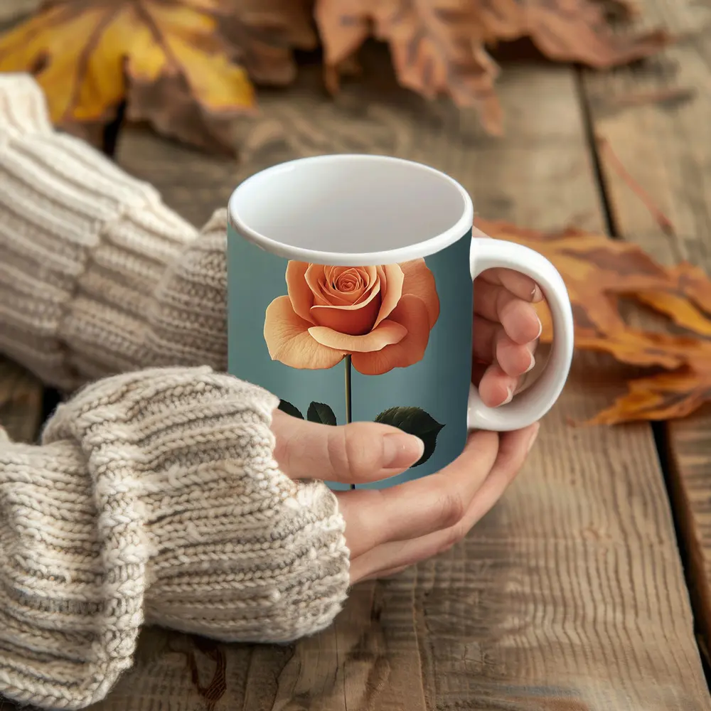 Peach Rose Single Stem Blue Background – Mugs