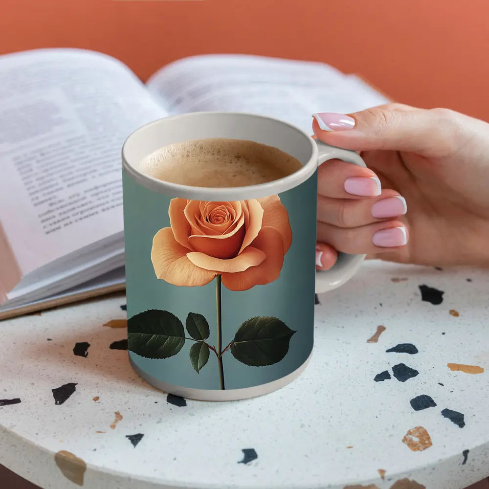 Peach Rose Single Stem Blue Background – Mugs