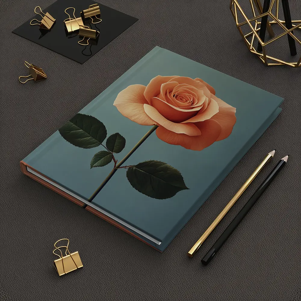 Peach Rose Single Stem Blue Background – Notebooks