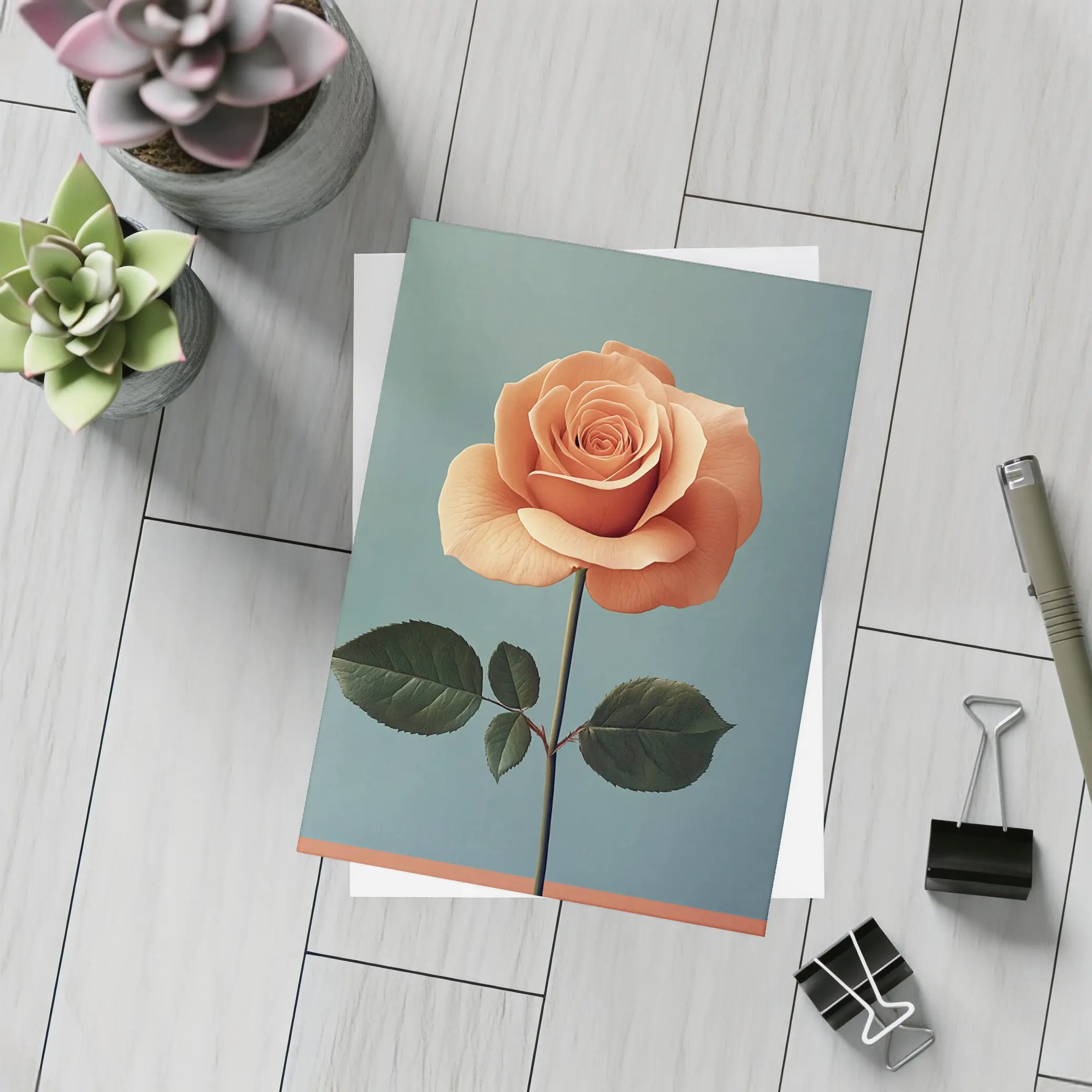 Peach Rose Single Stem Blue Background – Postcards