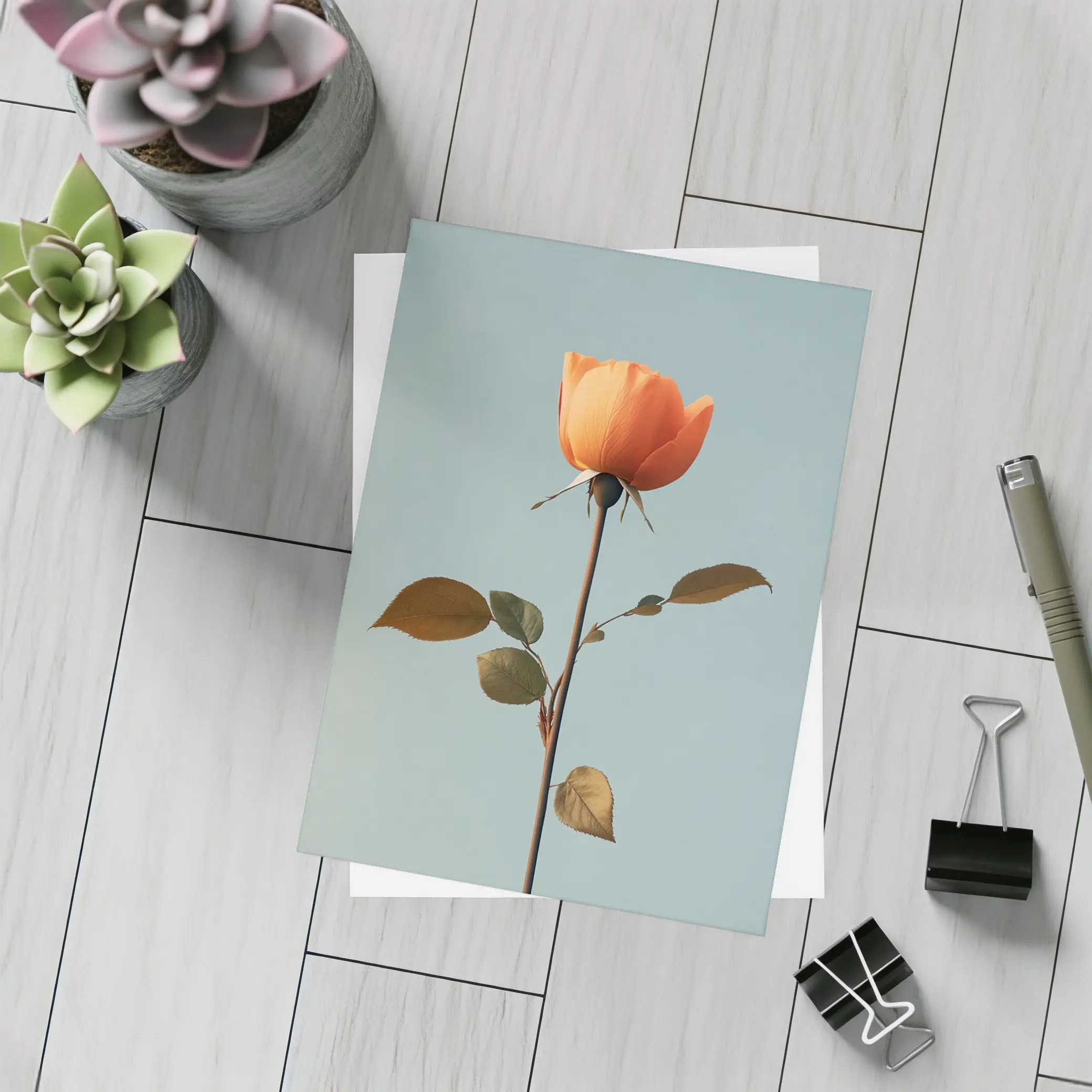 Orange Rose Single Stem Blue Sky – Postcards