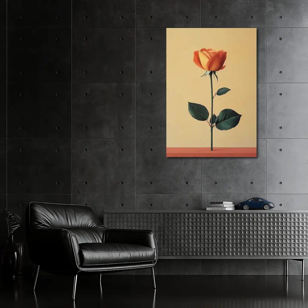 Orange Rose Stem Beige Minimalist Background – Wall Art