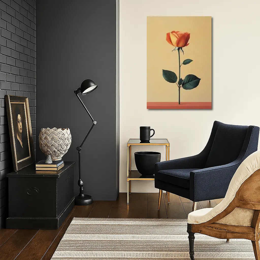 Orange Rose Stem Beige Minimalist Background – Wall Art