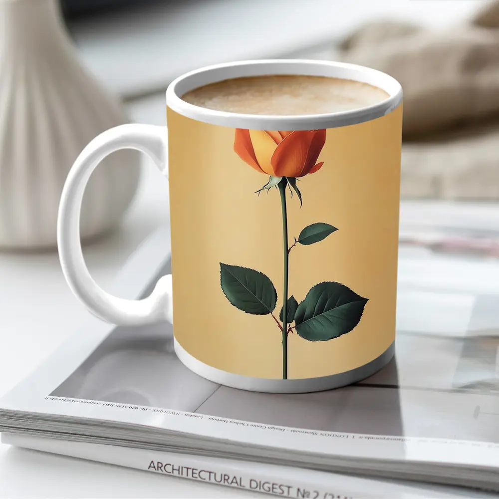 Orange Rose Stem Beige Minimalist Background – Mugs