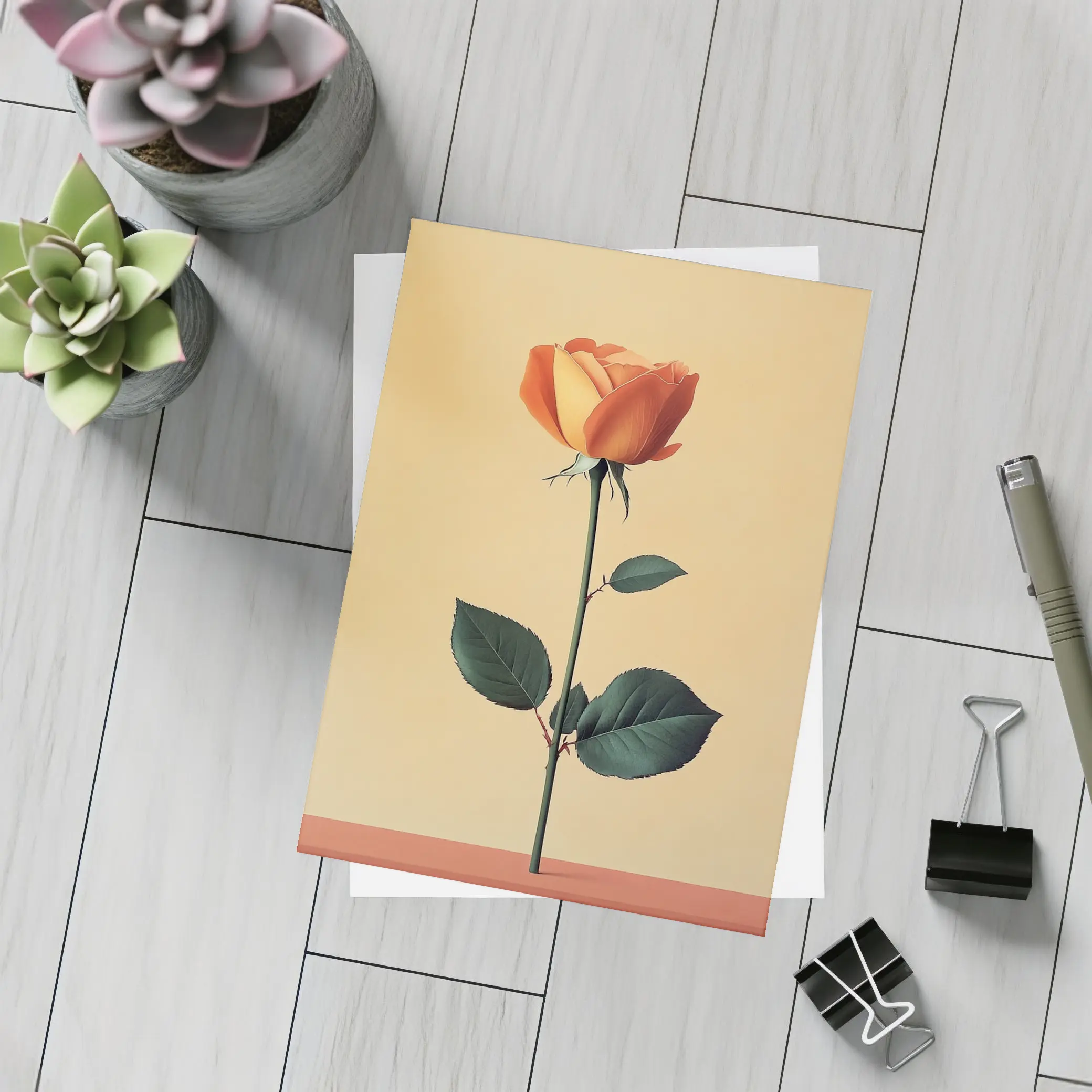 Orange Rose Stem Beige Minimalist Background – Postcards
