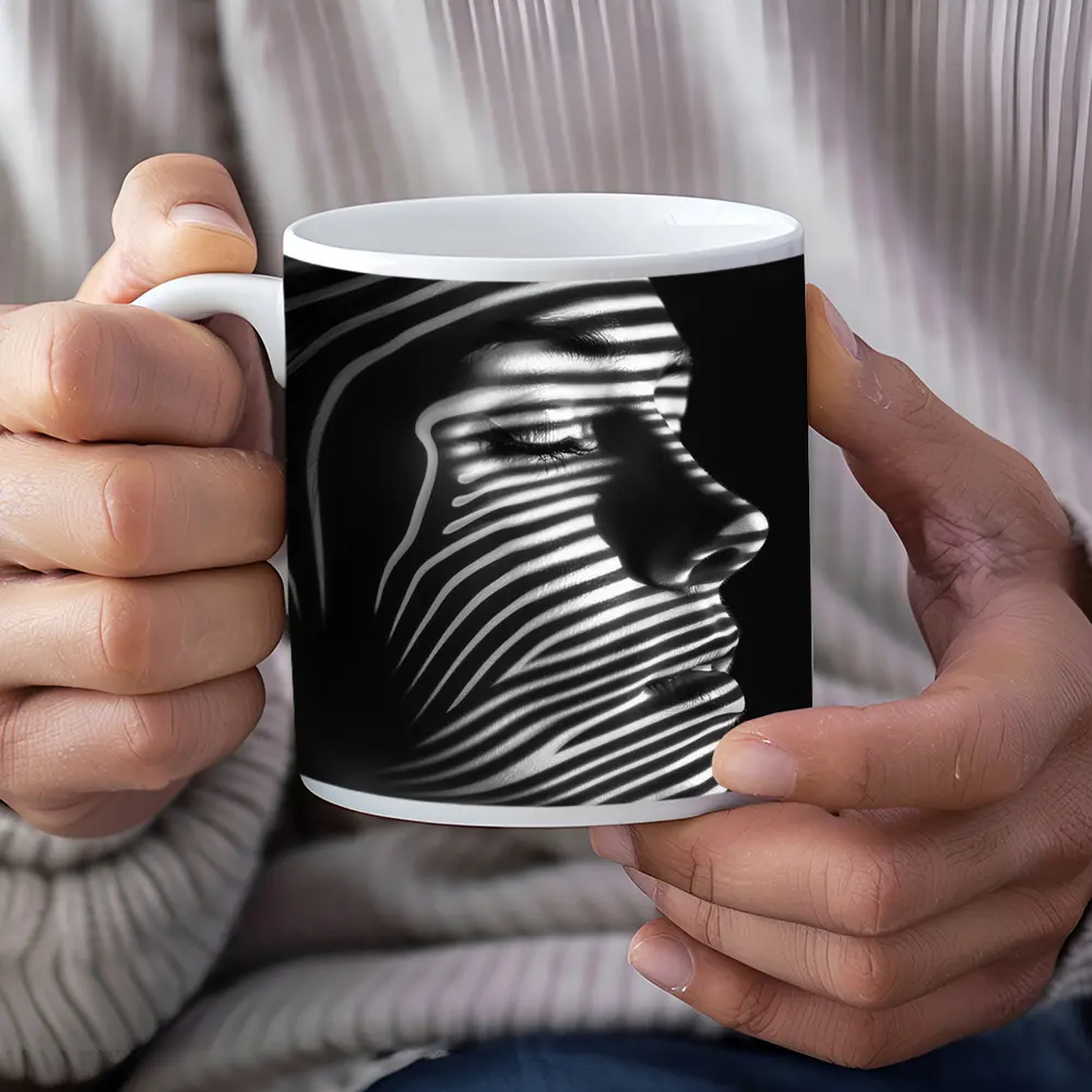 Woman Face Striped Shadow Black White – Mugs