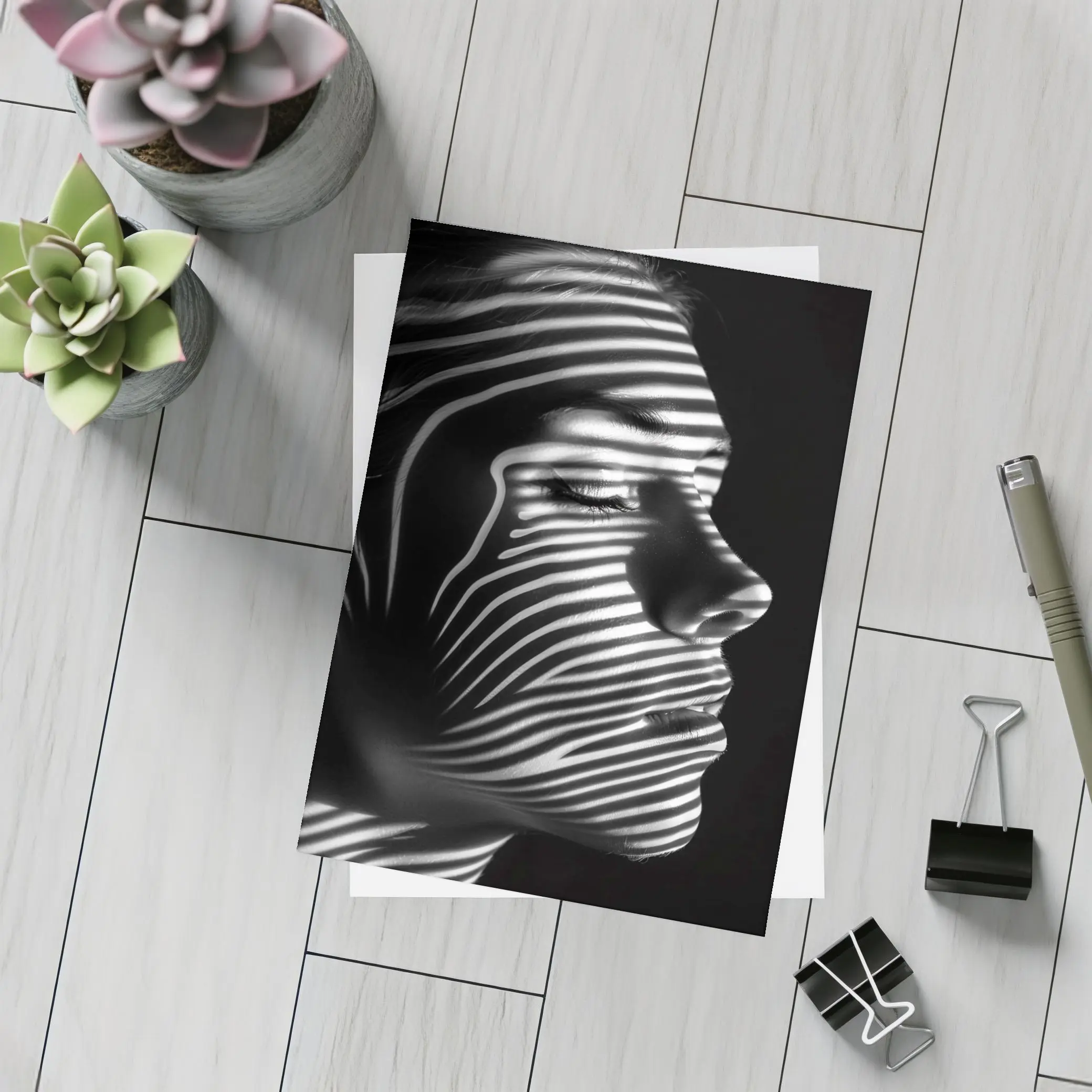 Woman Face Striped Shadow Black White – Postcards