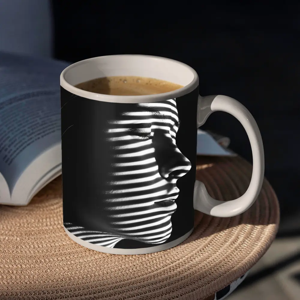 Woman Profile Striped Shadow Black White – Mugs