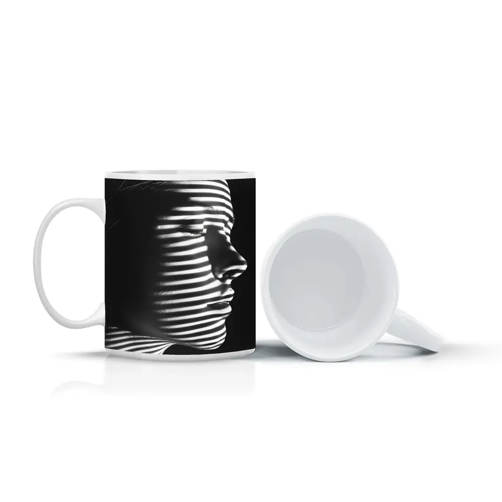 Woman Profile Striped Shadow Black White – Mugs