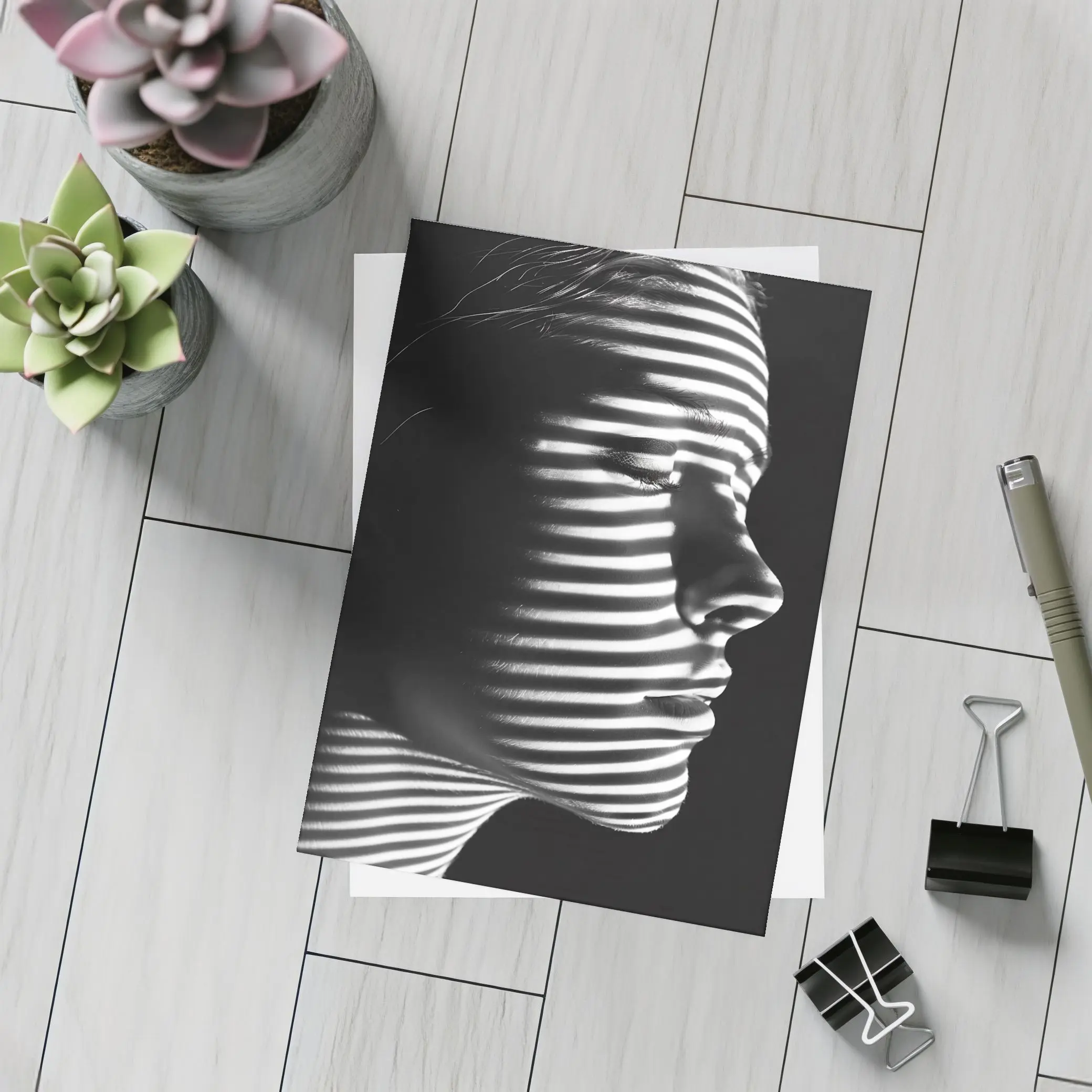 Woman Profile Striped Shadow Black White – Postcards
