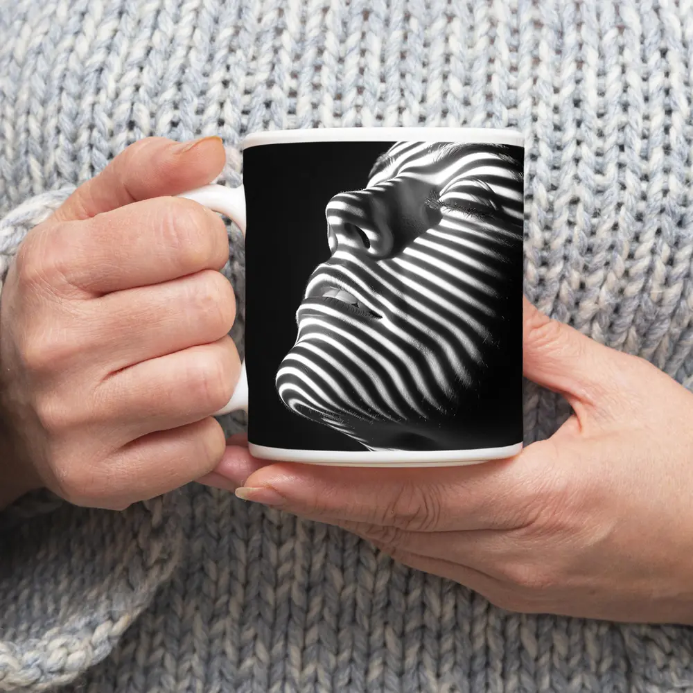 Black White Striped Light Shadow Woman Portrait – Mugs