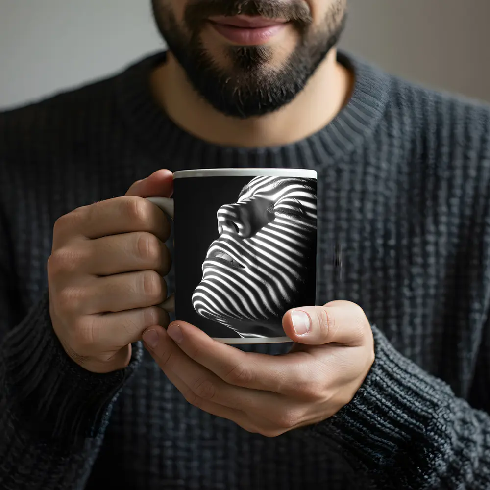 Black White Striped Light Shadow Woman Portrait – Mugs