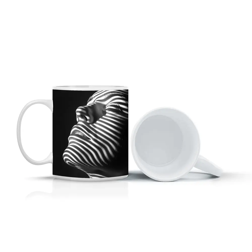 Black White Striped Light Shadow Woman Portrait – Mugs