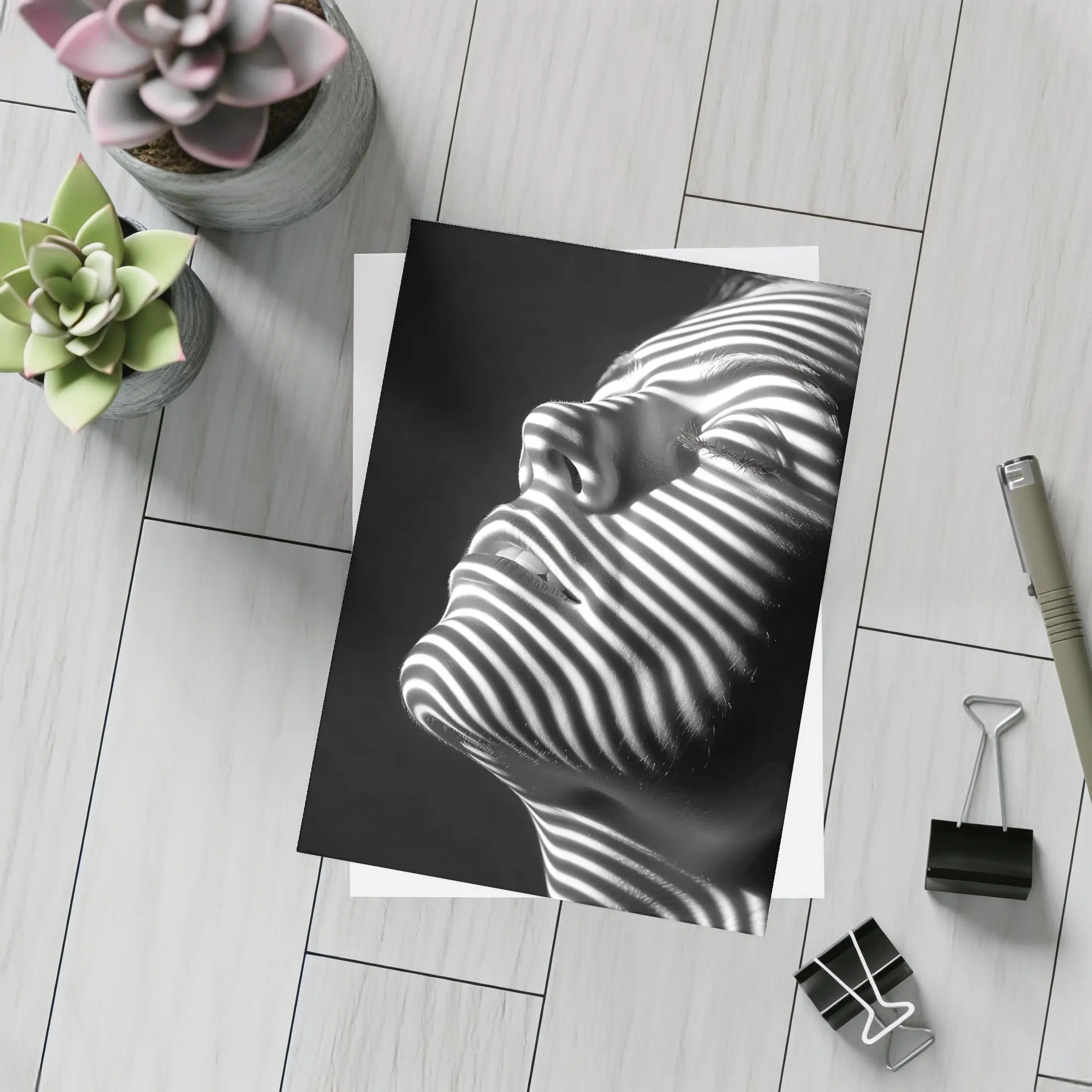 Black White Striped Light Shadow Woman Portrait – Postcards