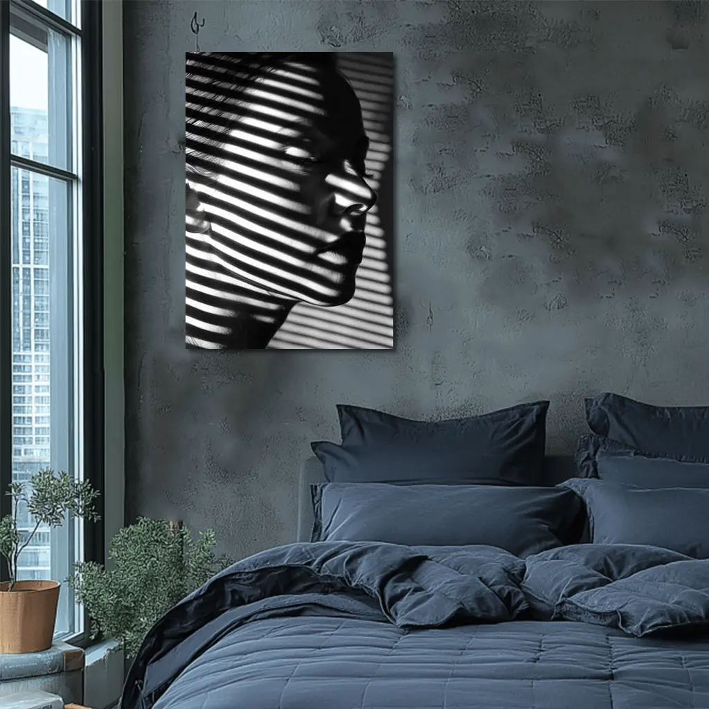 Woman Face Shadow Stripes Black White Portrait – Wall Art