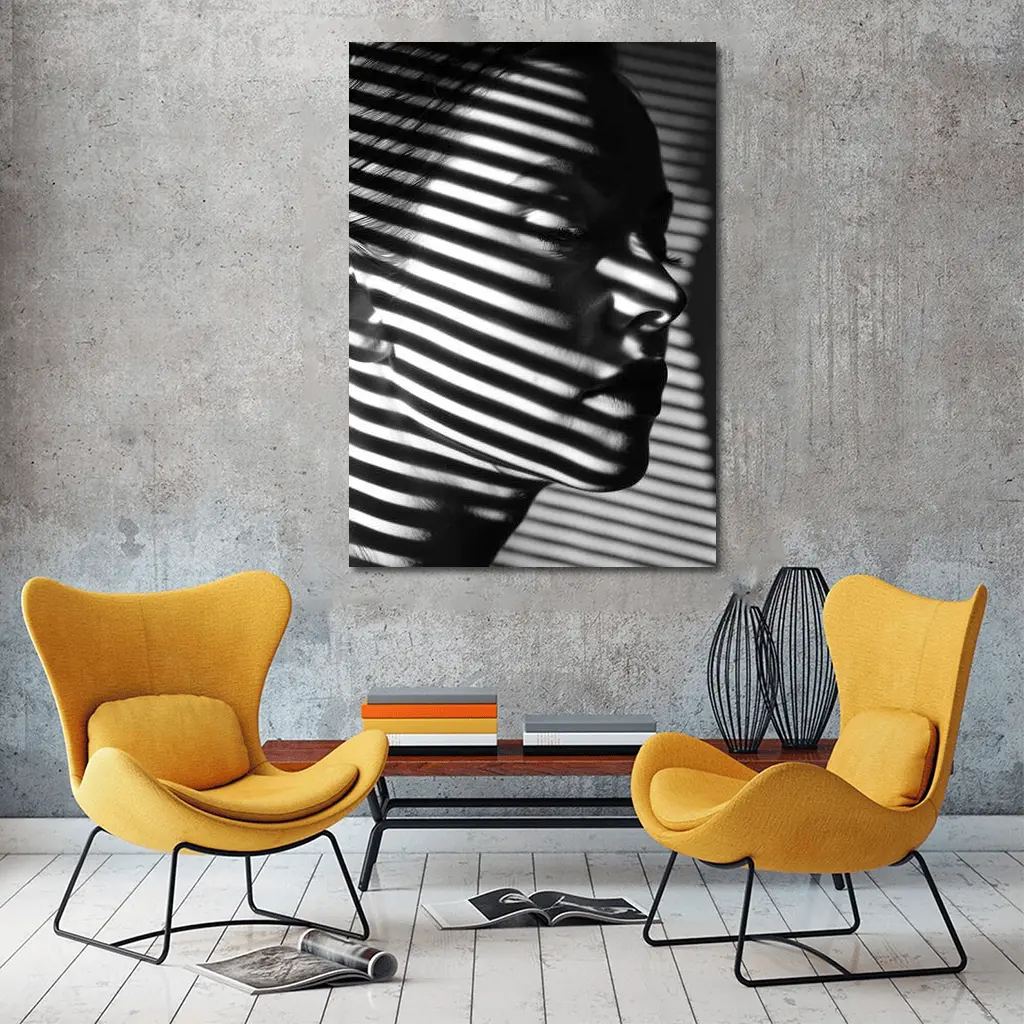 Woman Face Shadow Stripes Black White Portrait – Wall Art