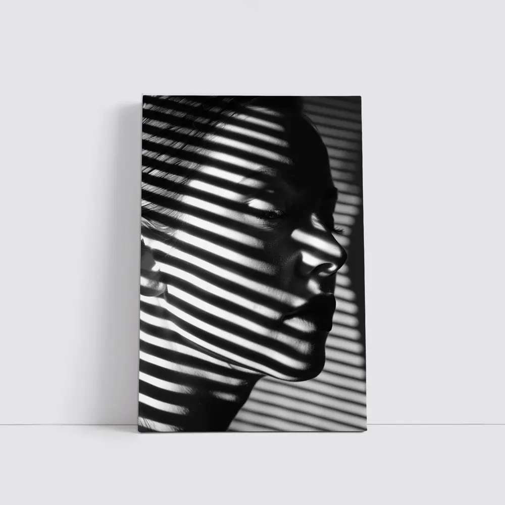 Woman Face Shadow Stripes Black White Portrait – Wall Art