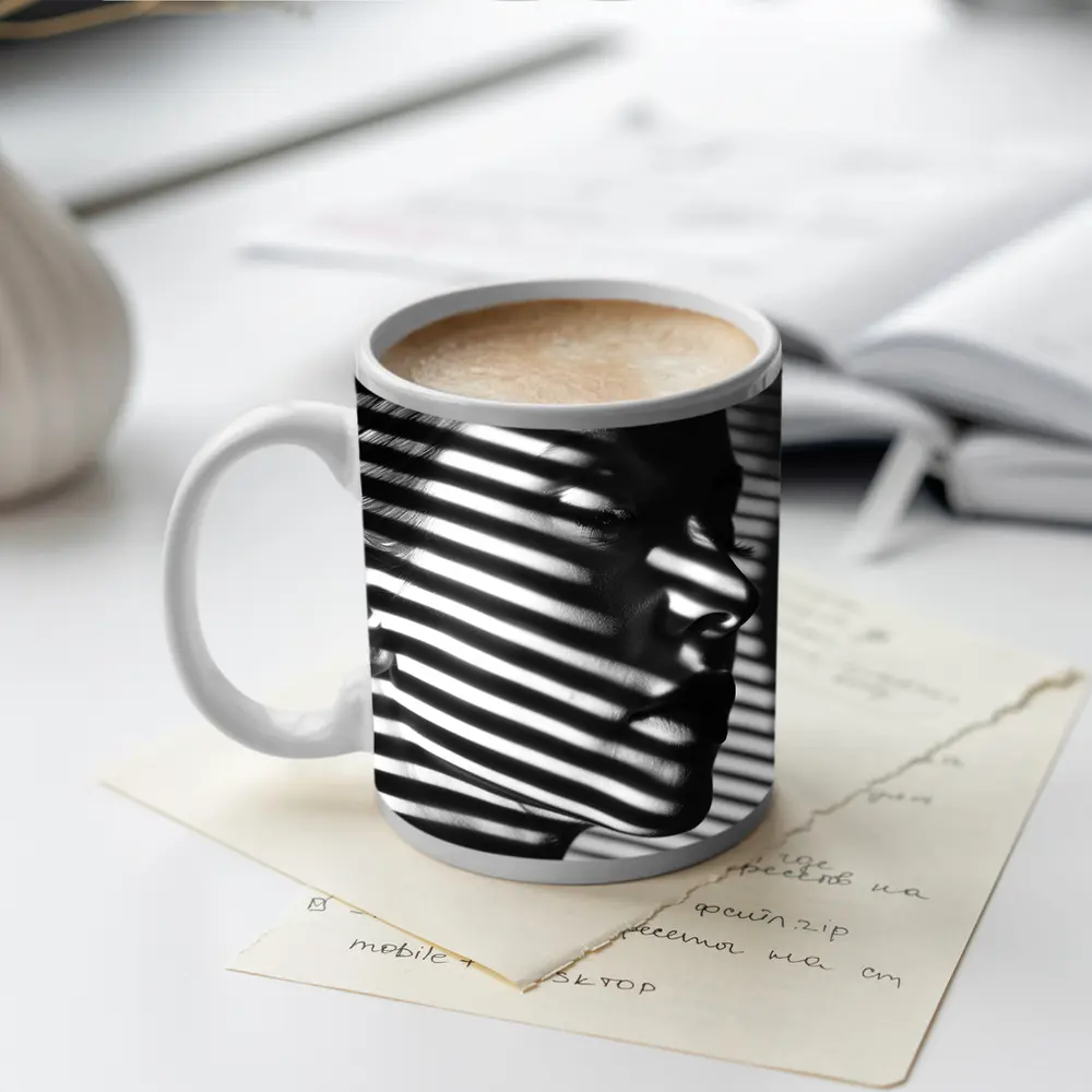 Woman Face Shadow Stripes Black White Portrait – Mugs