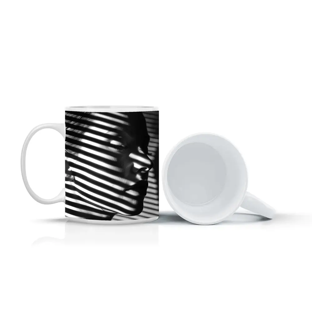 Woman Face Shadow Stripes Black White Portrait – Mugs