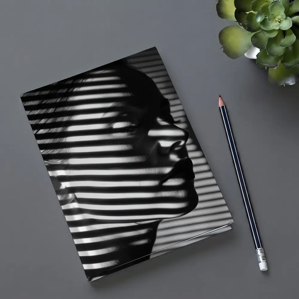 Woman Face Shadow Stripes Black White Portrait – Notebooks