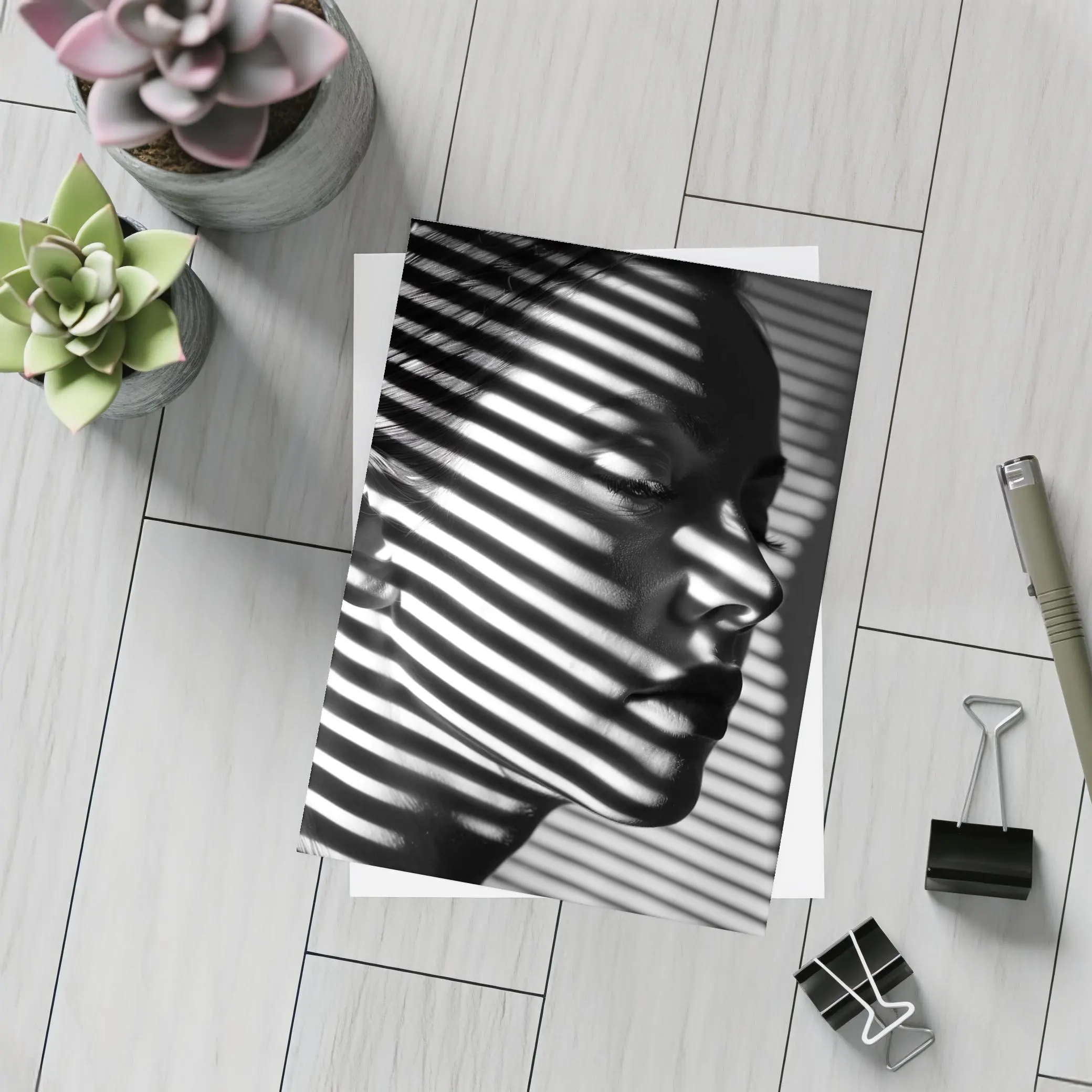 Woman Face Shadow Stripes Black White Portrait – Postcards
