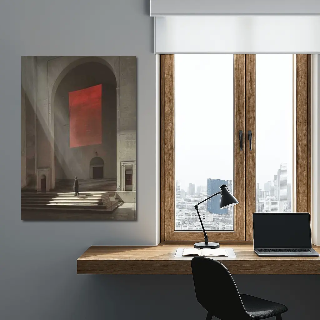 Lone Figure Red Banner Cathedral Interior – Wall Art