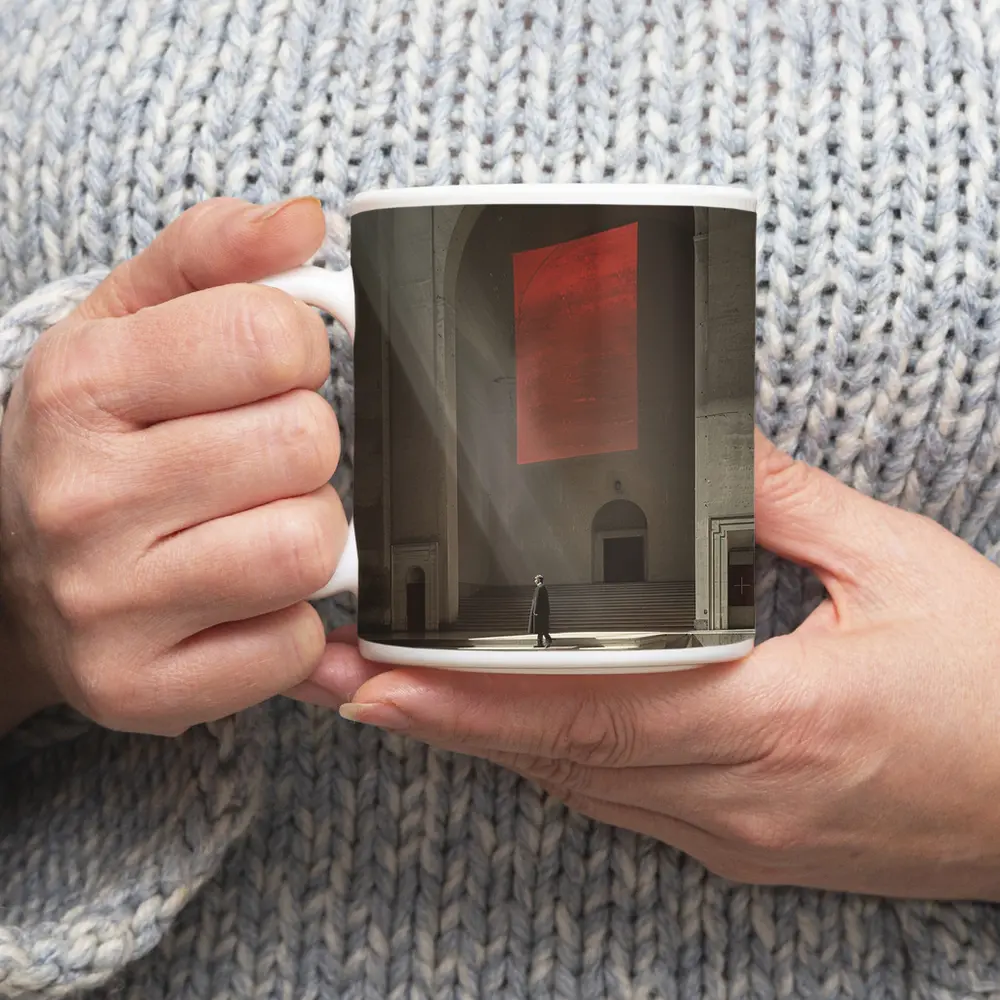 Lone Figure Red Banner Cathedral Interior – Mugs