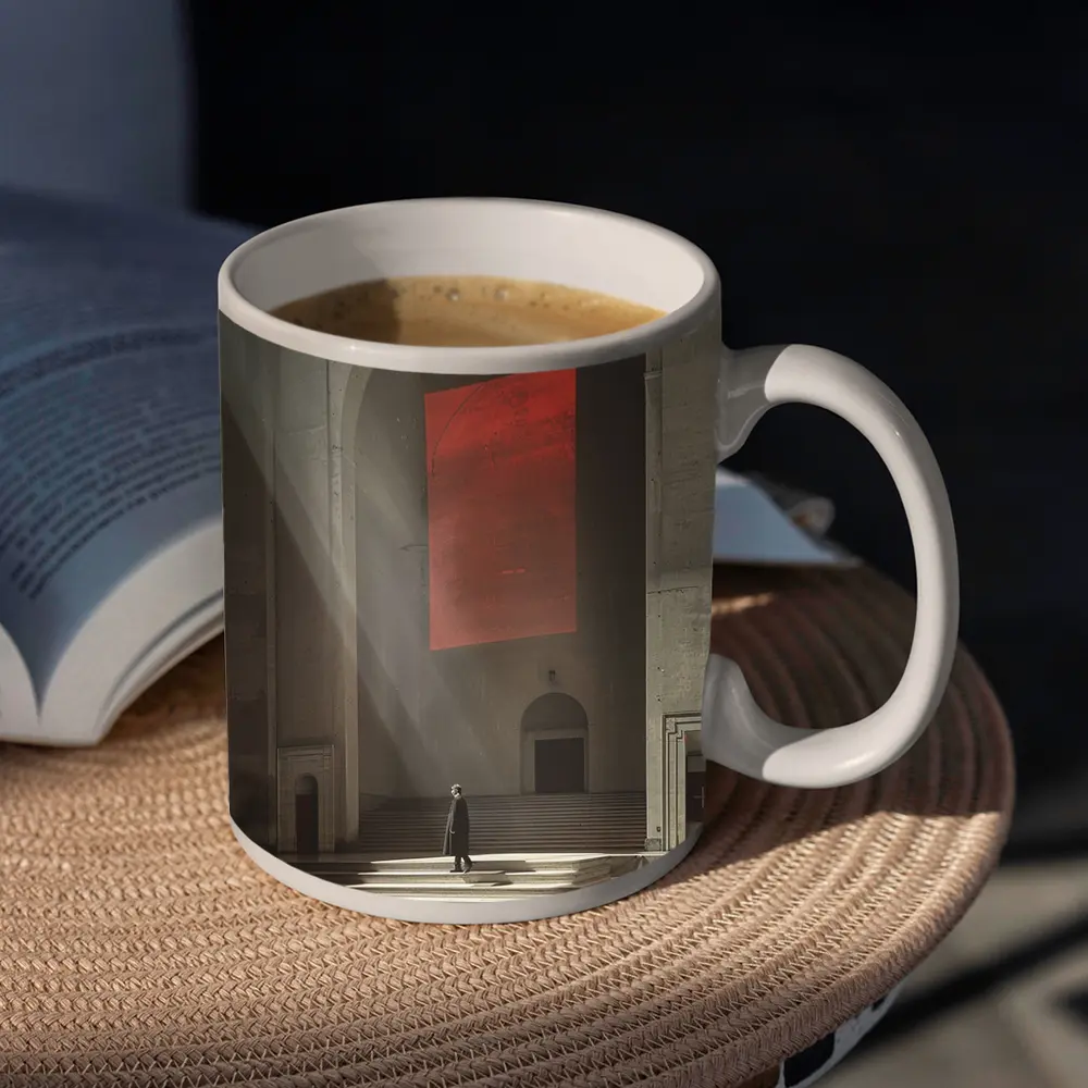 Lone Figure Red Banner Cathedral Interior – Mugs