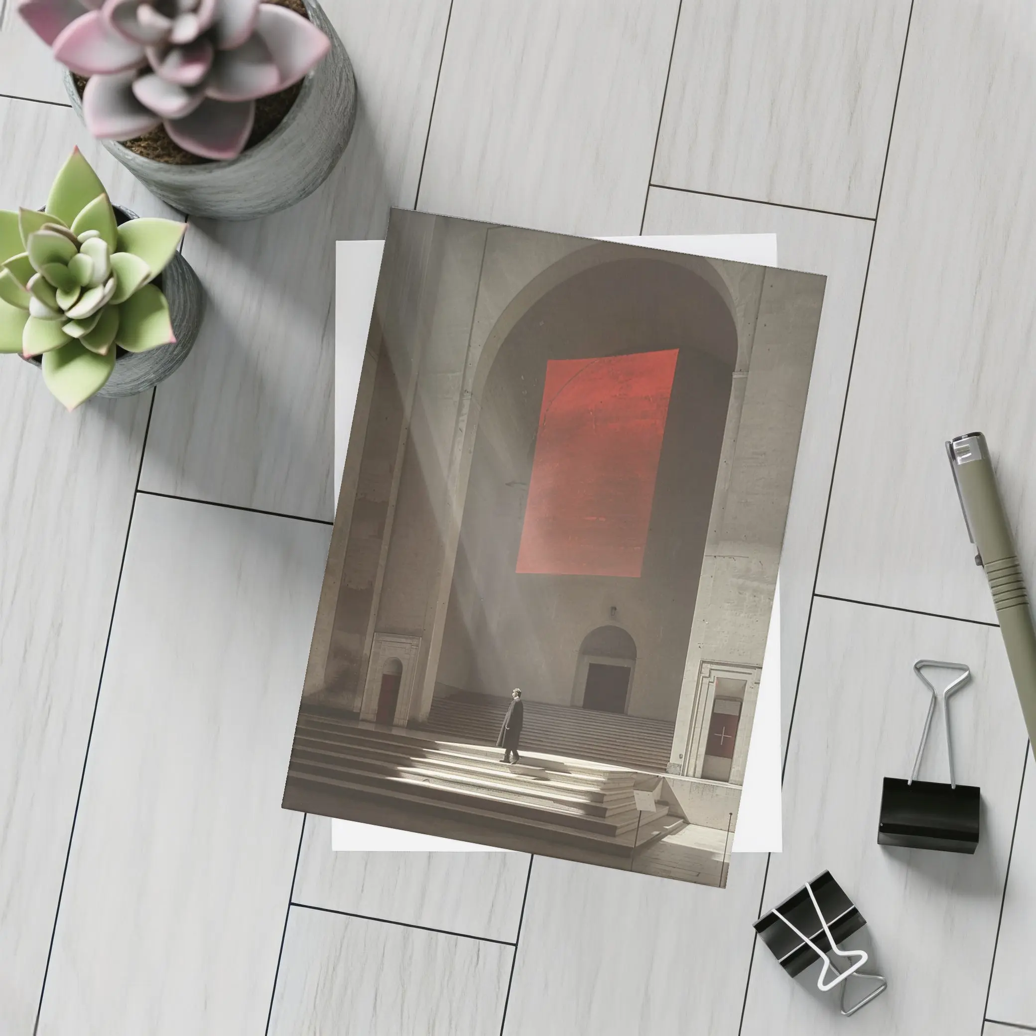Lone Figure Red Banner Cathedral Interior – Postcards