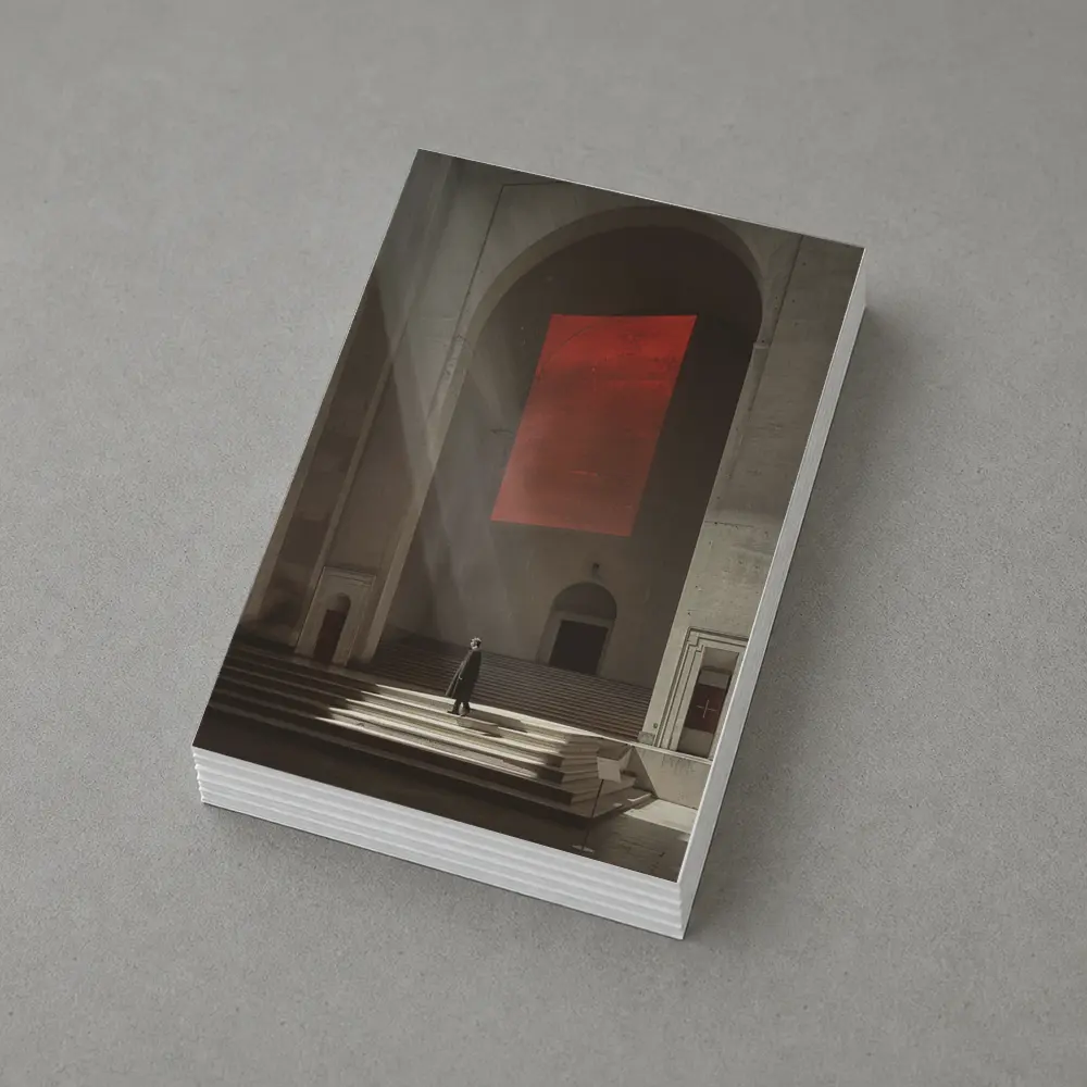 Lone Figure Red Banner Cathedral Interior – Postcards