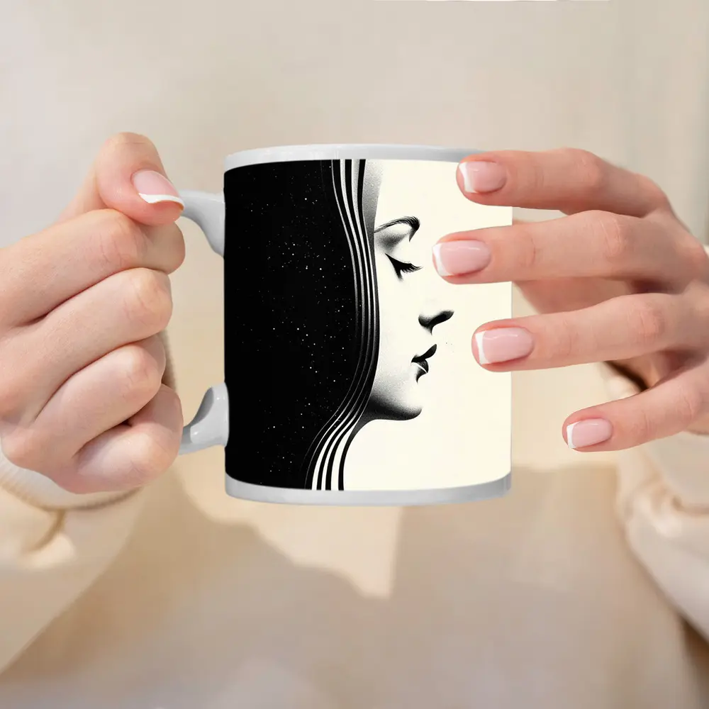 Black White Woman Profile Surreal Minimalist Art – Mugs