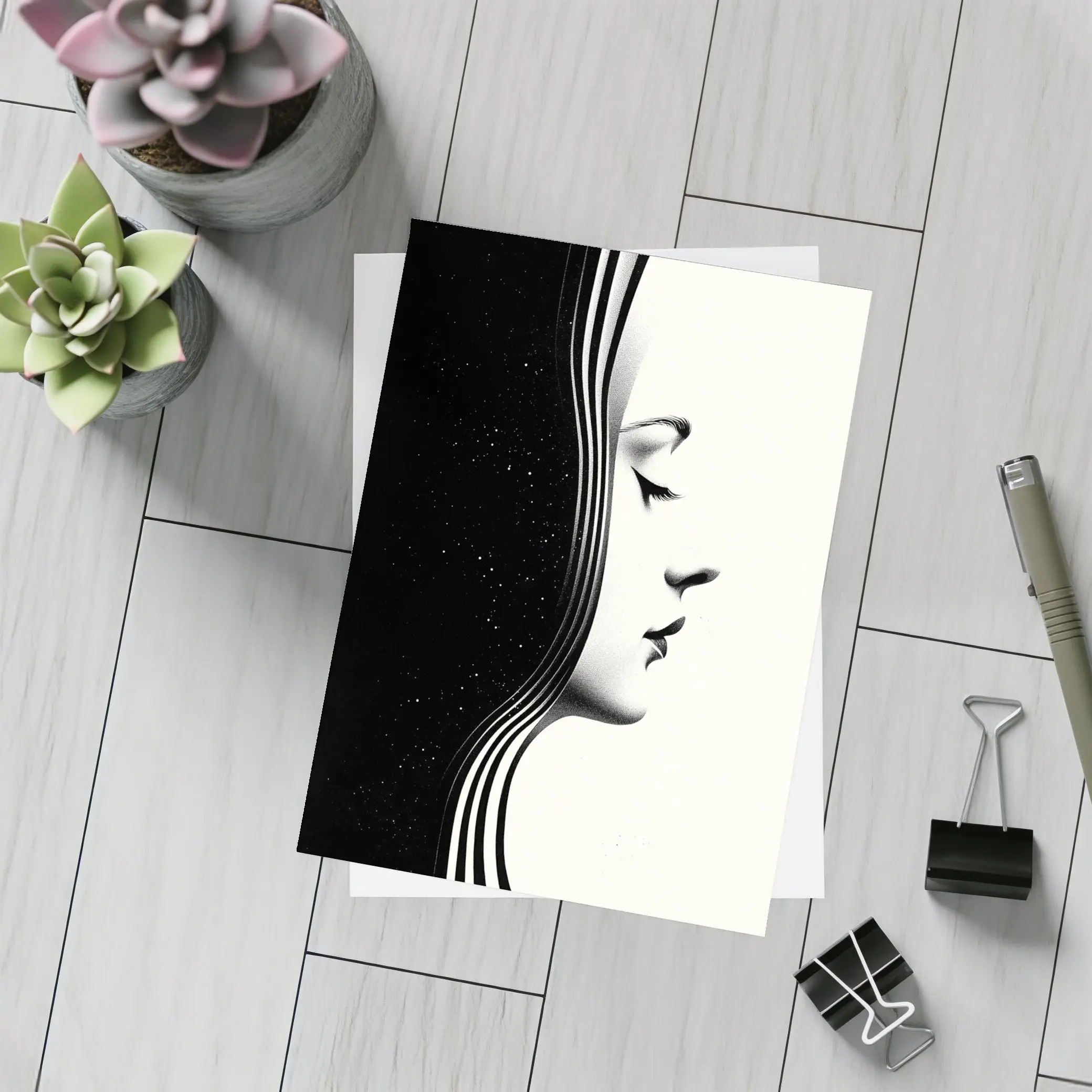 Black White Woman Profile Surreal Minimalist Art – Postcards