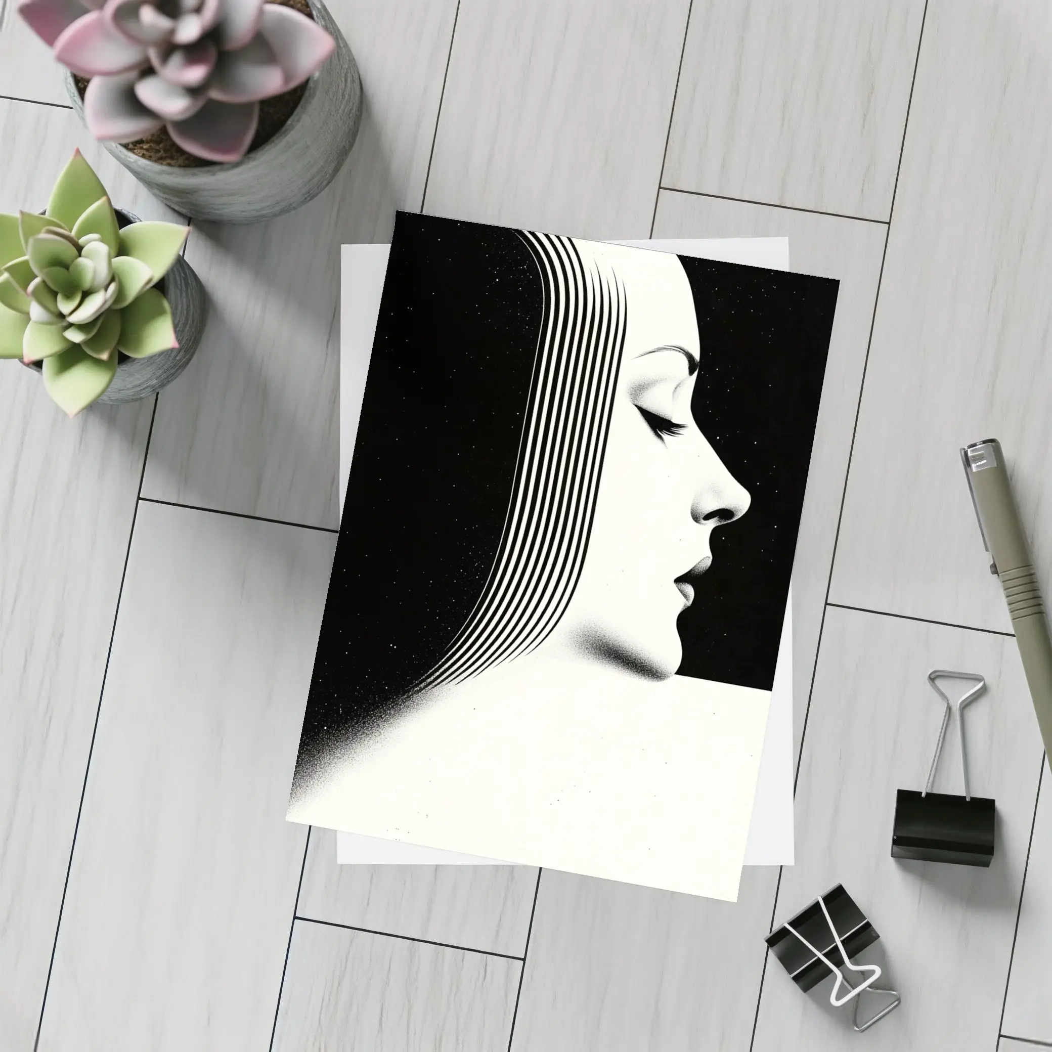 Black White Woman Profile Surreal Line Art – Postcards