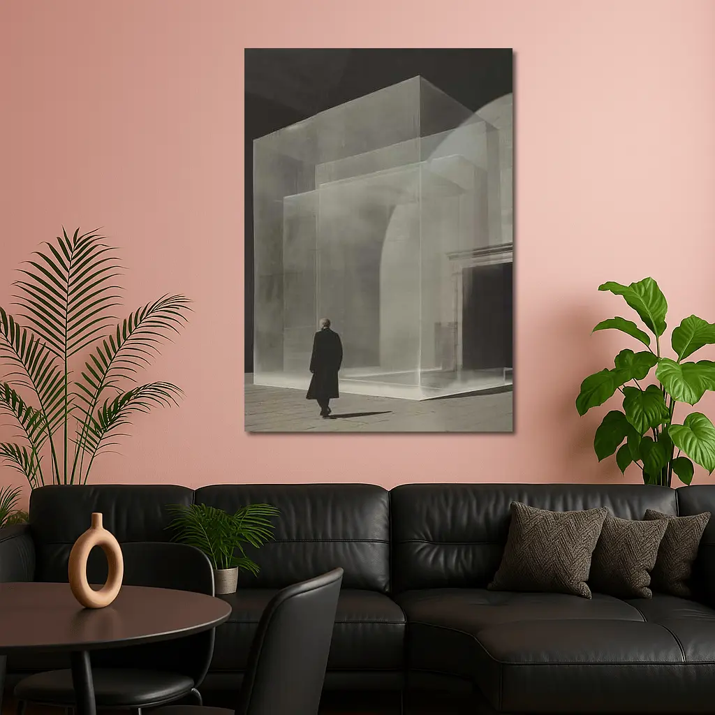 Man Walking Past Translucent Glass Architecture – Wall Art