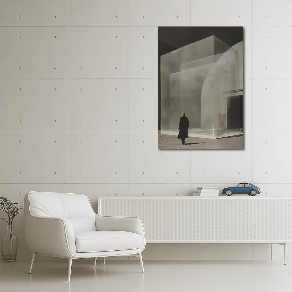 Man Walking Past Translucent Glass Architecture – Wall Art