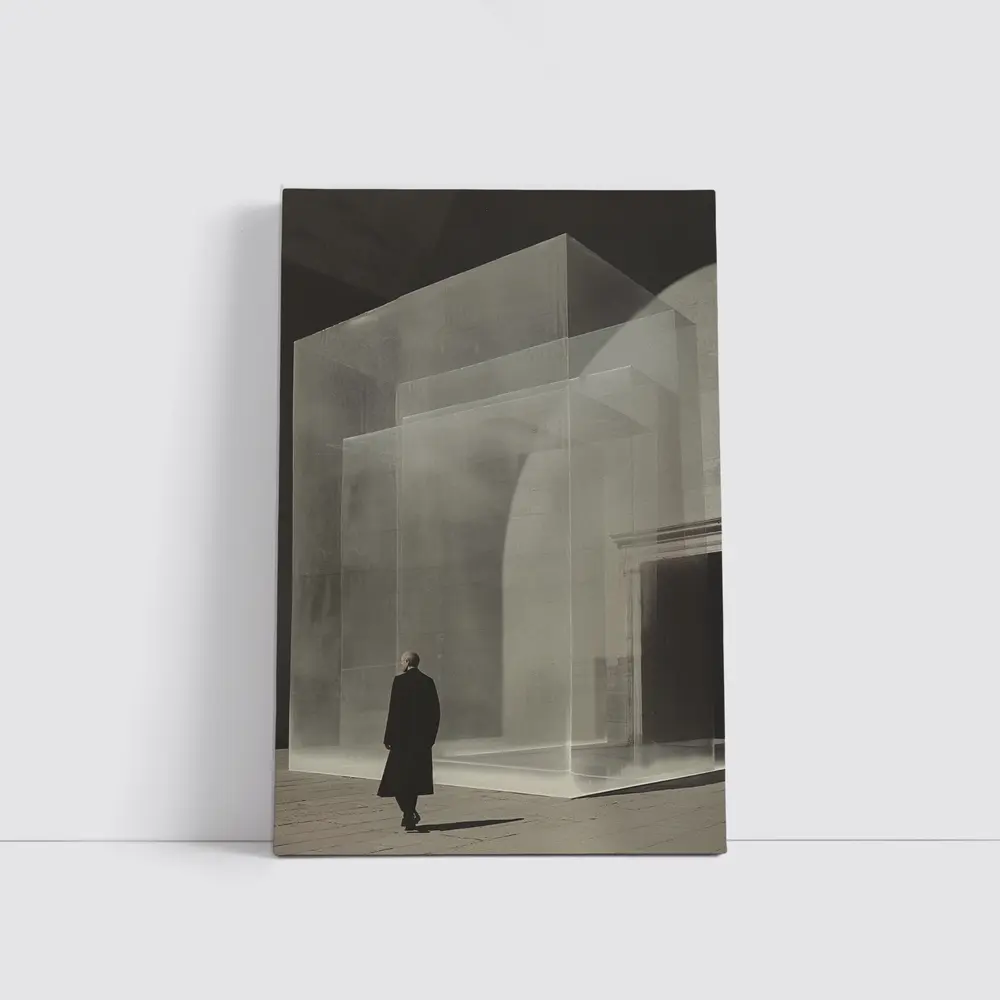 Man Walking Past Translucent Glass Architecture – Wall Art