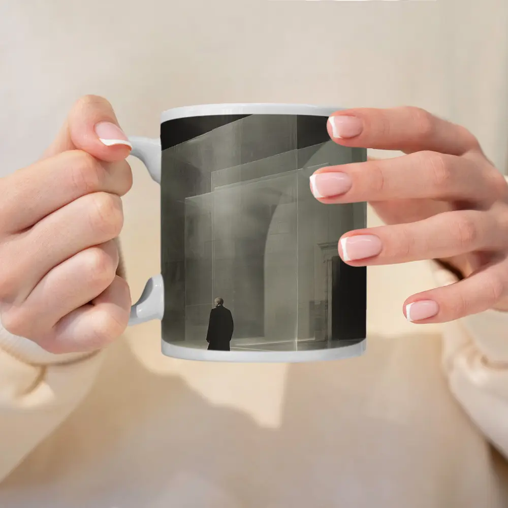 Man Walking Past Translucent Glass Architecture – Mugs