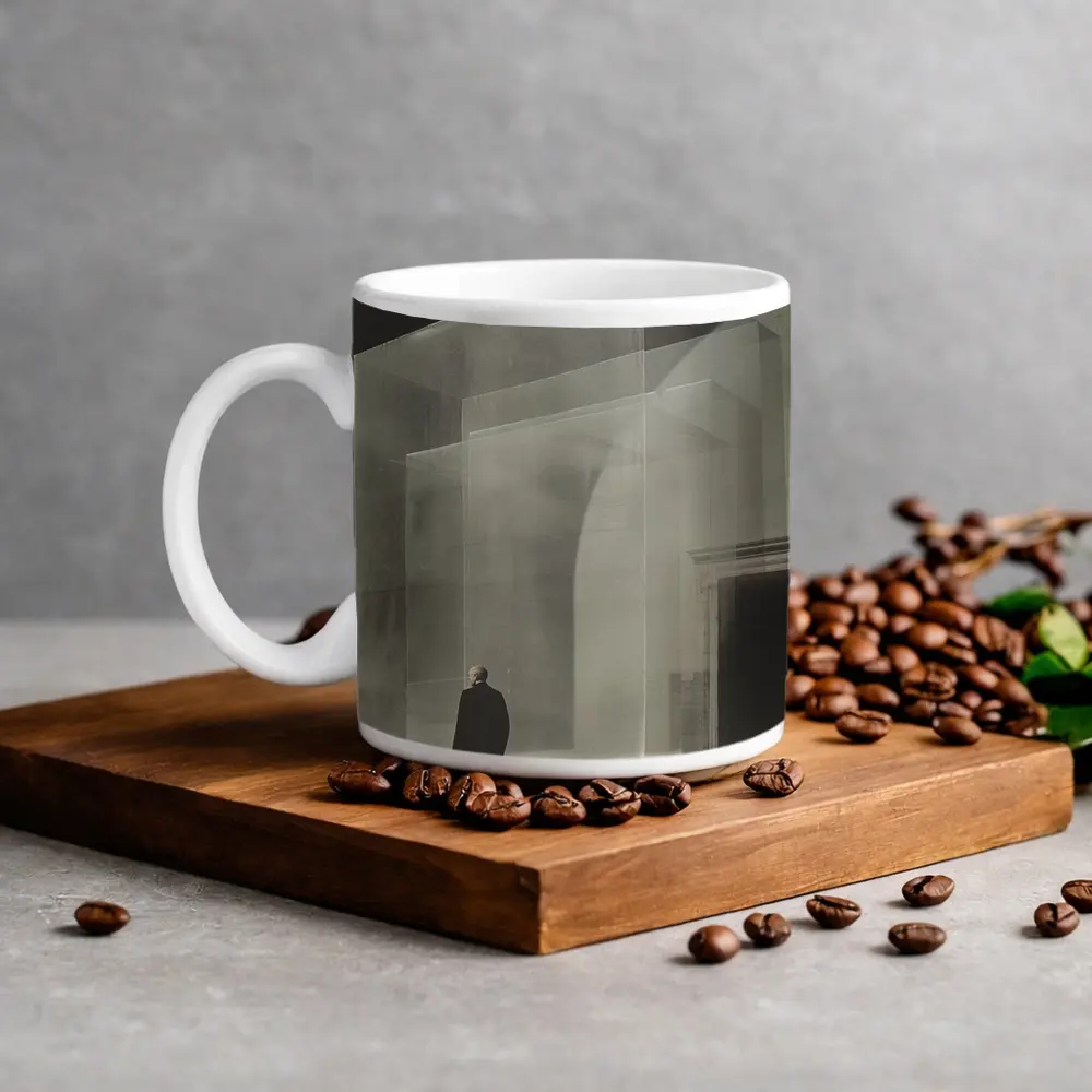 Man Walking Past Translucent Glass Architecture – Mugs