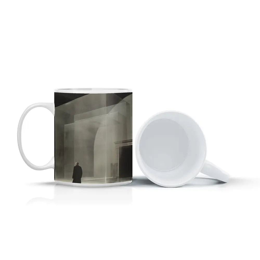 Man Walking Past Translucent Glass Architecture – Mugs