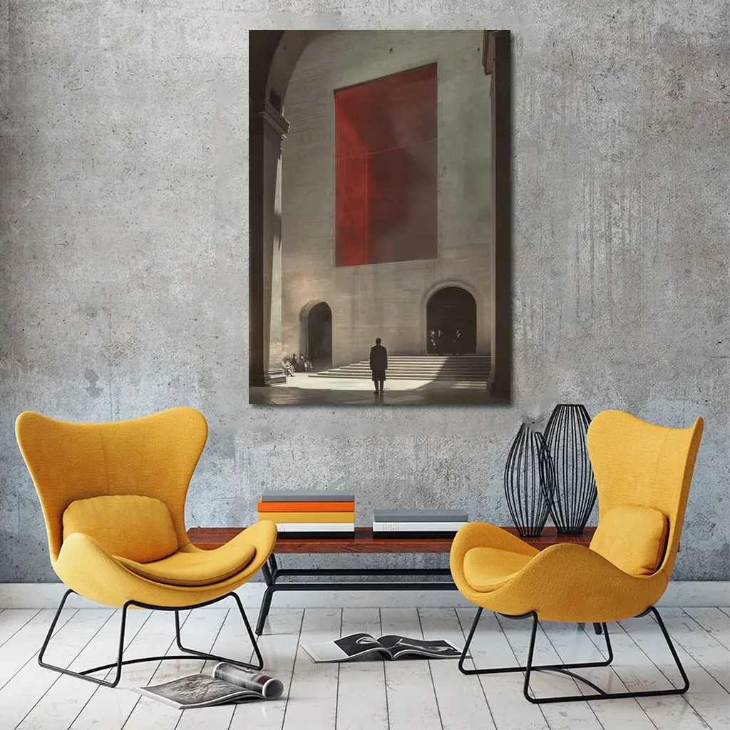 Man Standing Before Red Geometric Installation – Wall Art