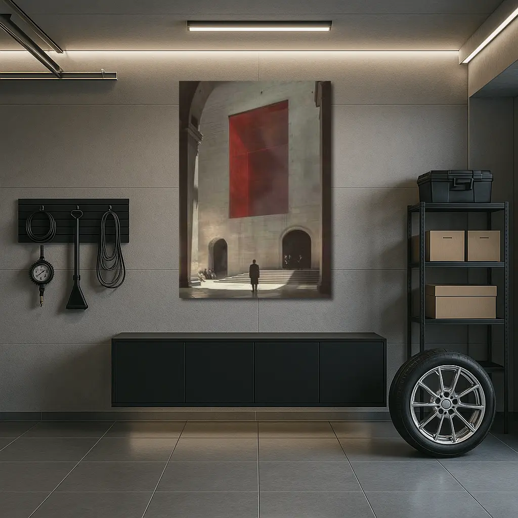 Man Standing Before Red Geometric Installation – Wall Art