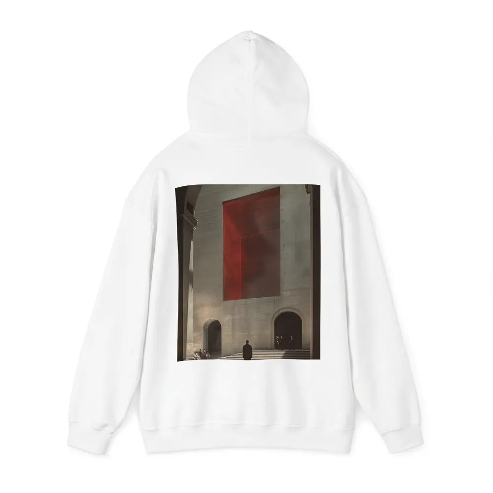 Man Standing Before Red Geometric Installation – Hoodies