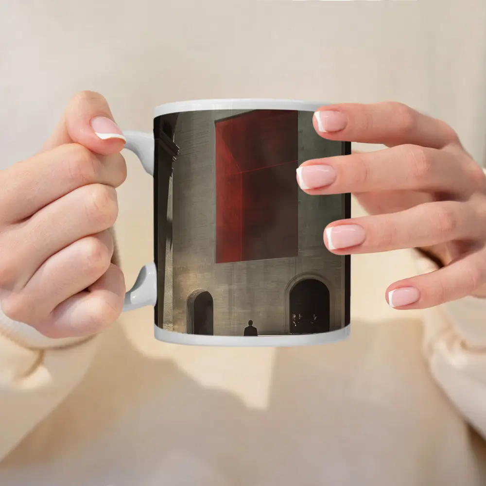 Man Standing Before Red Geometric Installation – Mugs